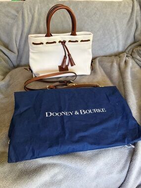 Dooney & Bourke Cream and Brown Pebbled Leather Drawstring Tote